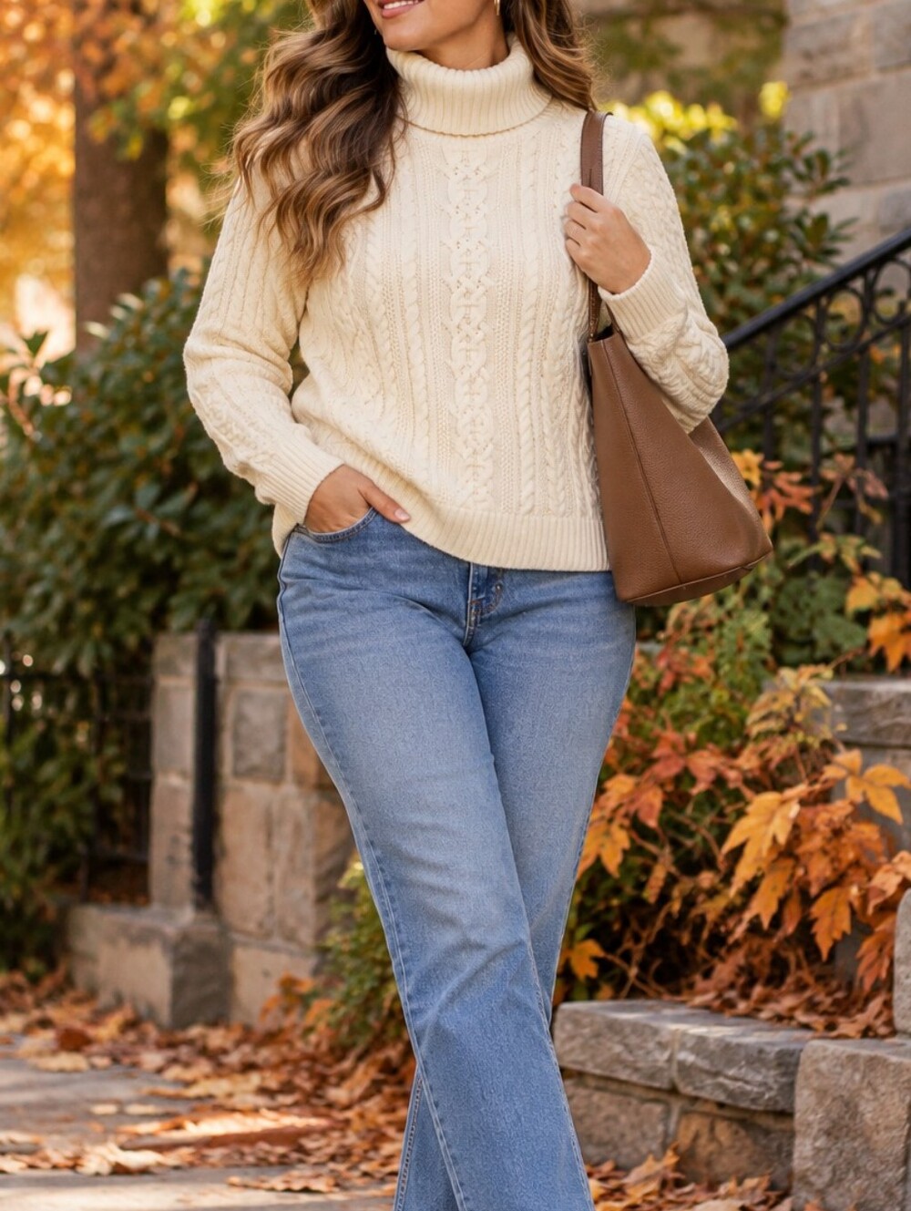 Amazon Essentials Cream Cable Knit Turtleneck Sweater 100% Cotton Cozy Preppy